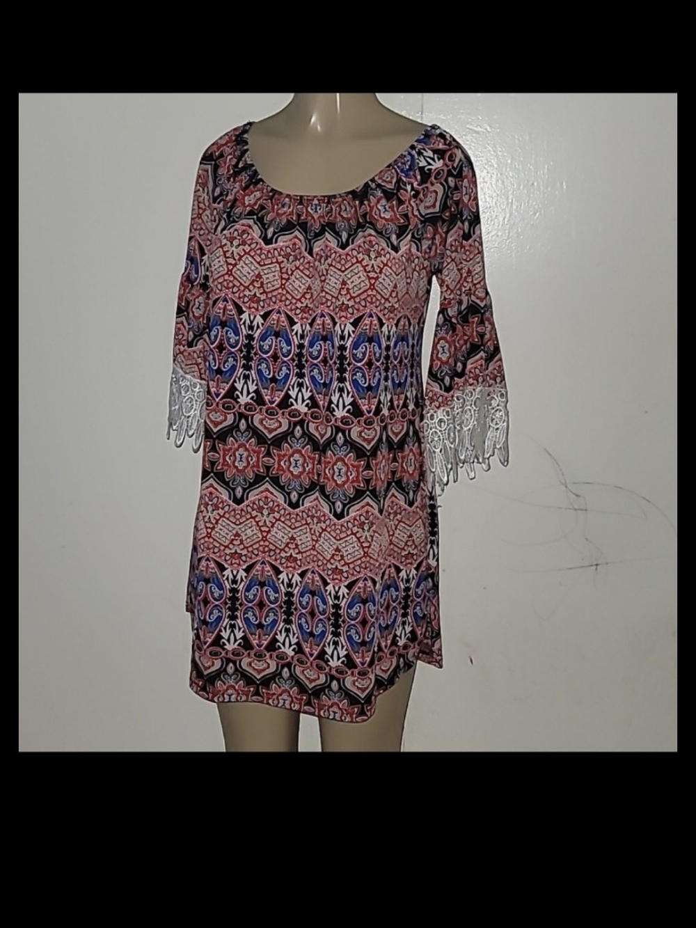 Boho Printed Shift Dress with White Lace Sleeves - Pink/Blue/Black